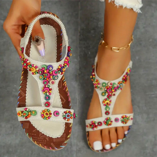 Fleur- Sandales à talons plats style bohème décontractées pour femmes